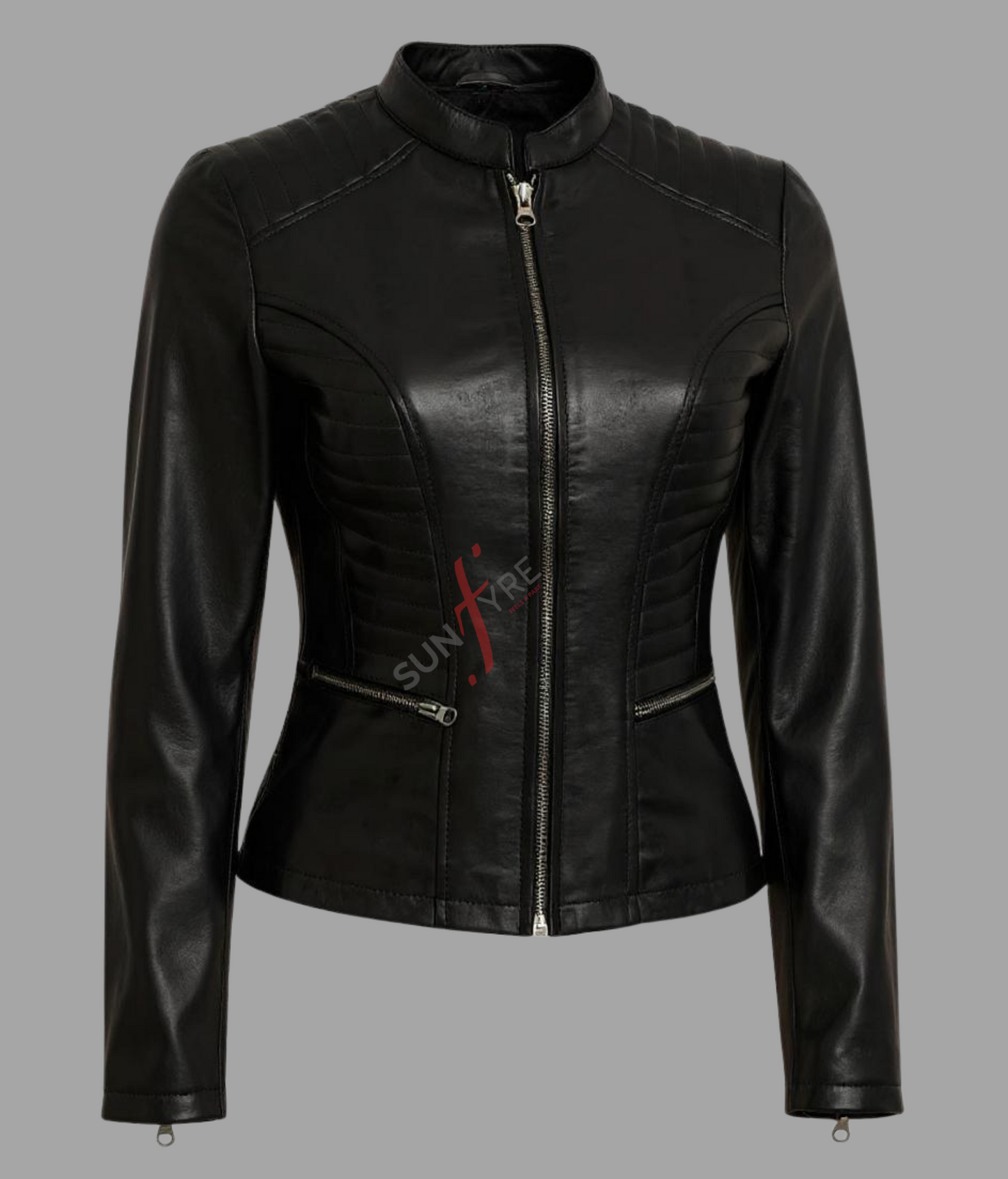 Quilted Shoulder Black Biker Leather Jacket for Women Real Sheepskin