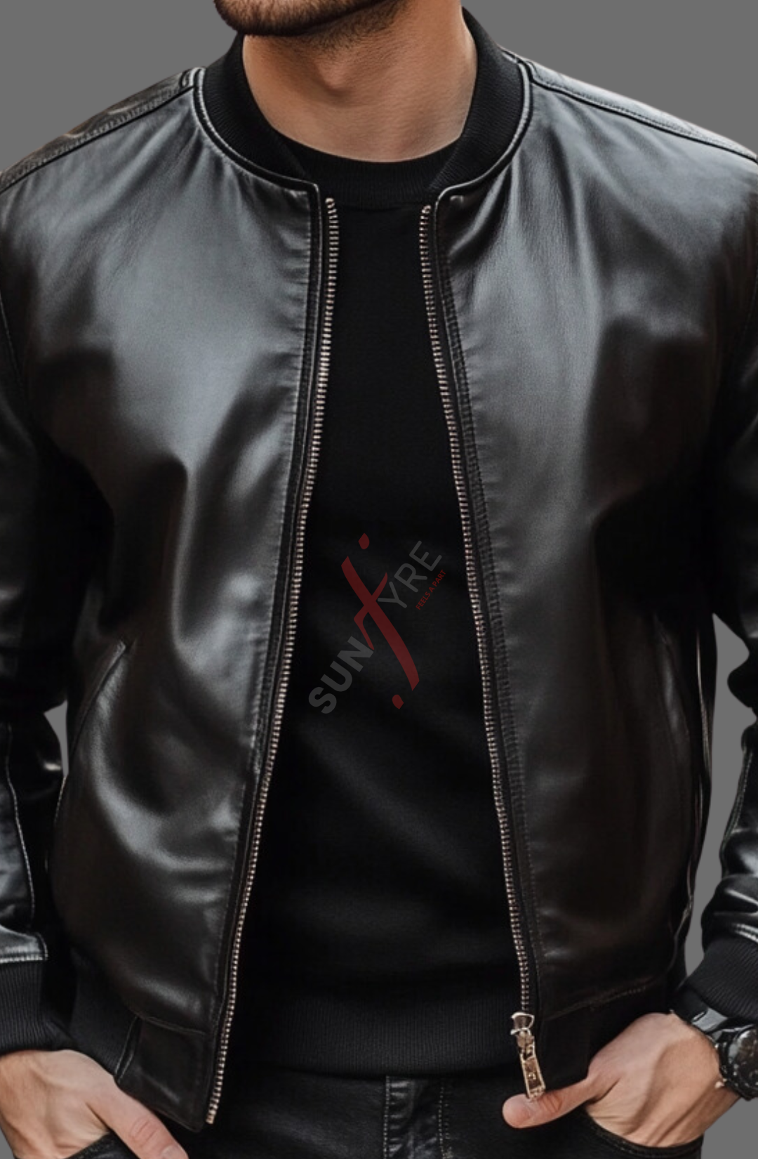 Black Bomber Leather Jacket For Men