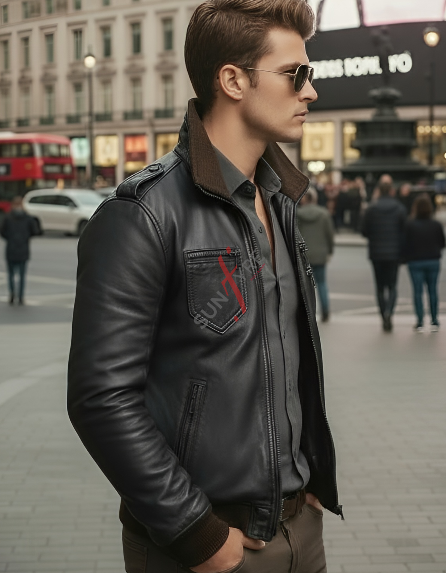 Man wearing a black leather jacket with a red logo on a city street