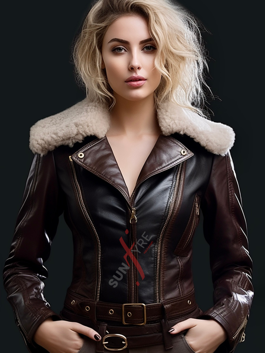 Two Tone Belted Shearling Motorcycle Leather Jacket For Women Real Sheepskin (SF387)