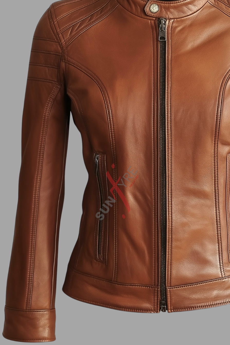 Cafe Racer Sheepskin Tan Biker Leather Jacket For Women