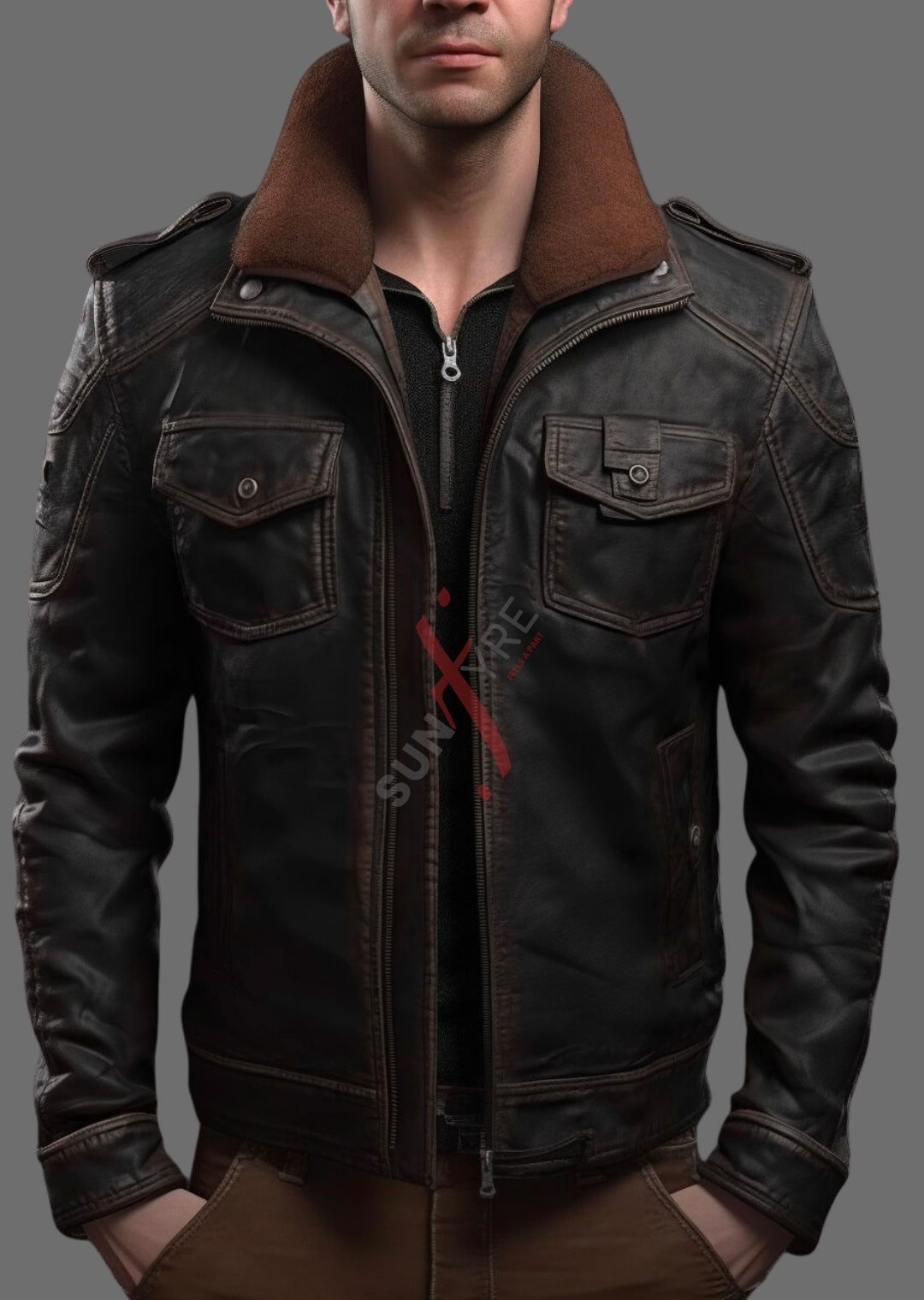 Distressed Black Bomber Leather Jacket For Men