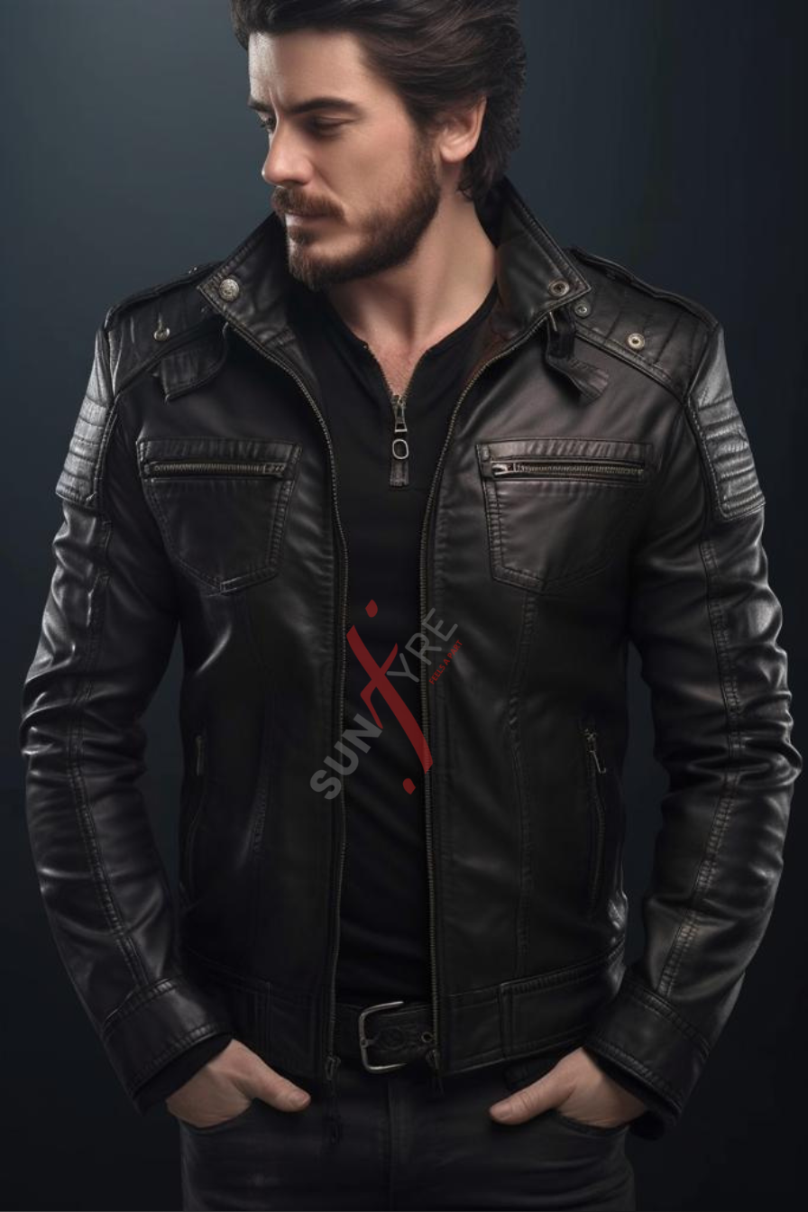 Black Motorcycle Real Lambskin Leather Jacket For Men (SF545)