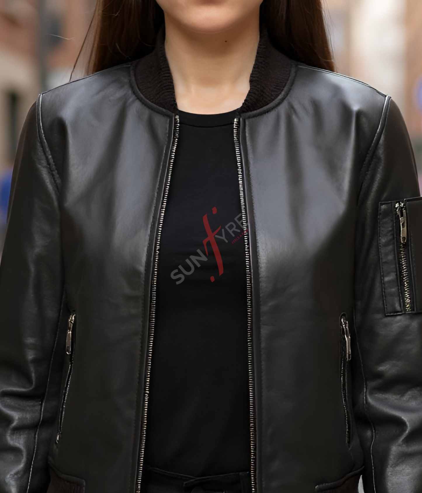 Black Bomber Leather Jacket For Women in Real Sheepskin