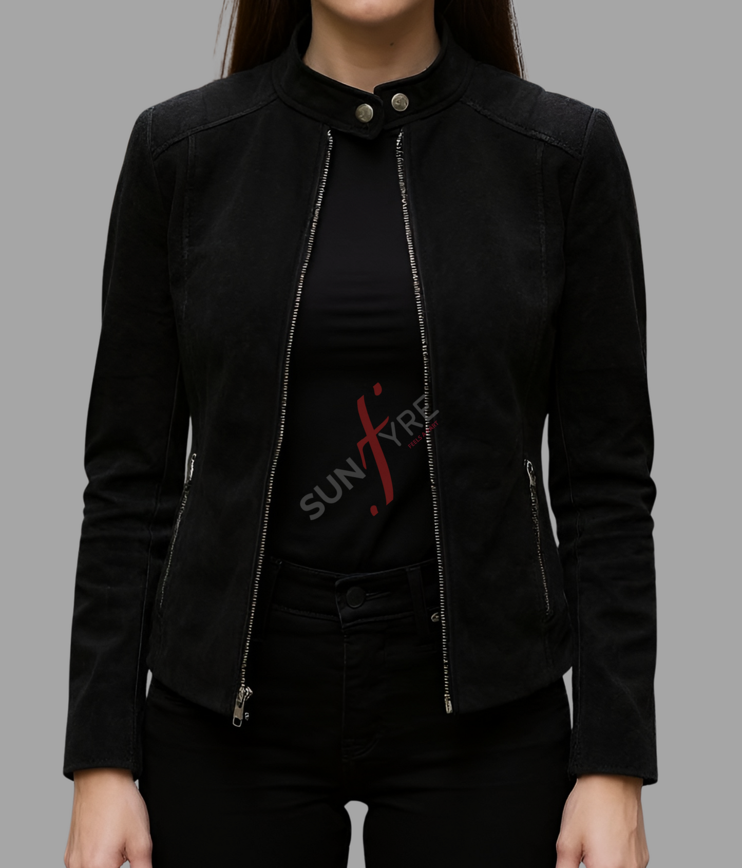 Black Nubuk Leather Jacket for Women (SF365)