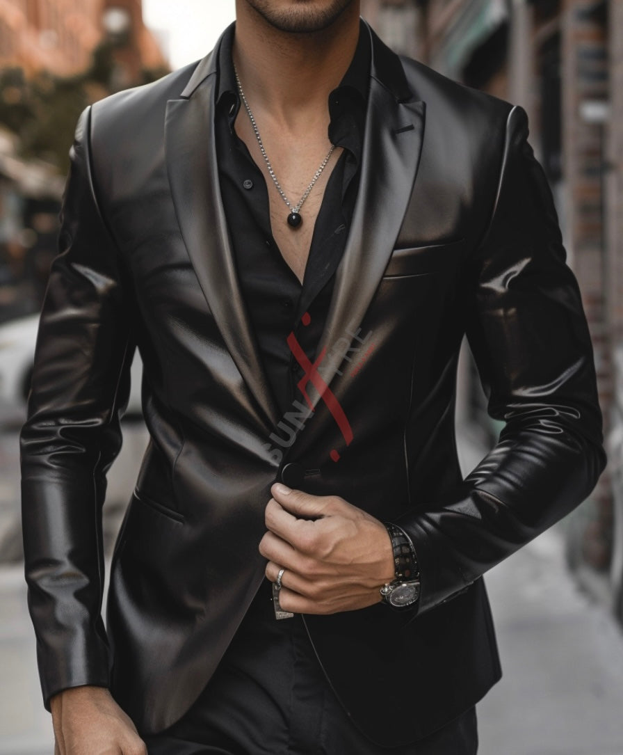 Black leather blazer for men