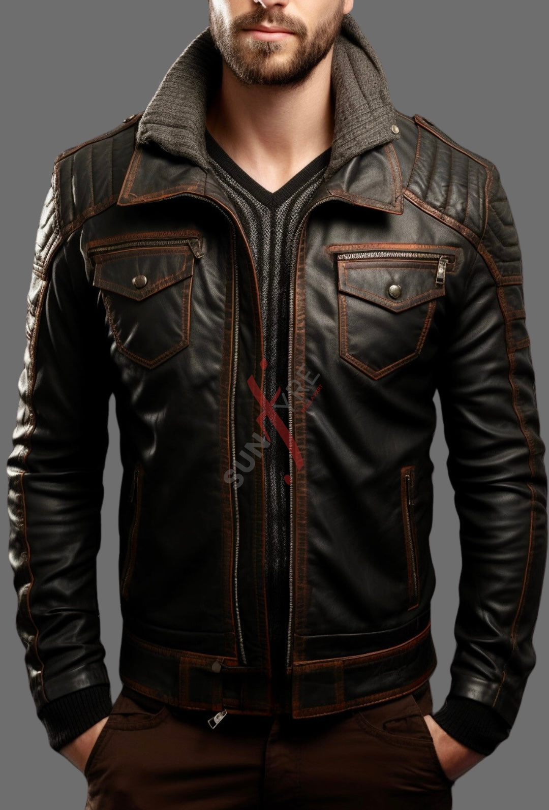 Real Sheepskin Black Distressed Bomber Leather Jacket For Men