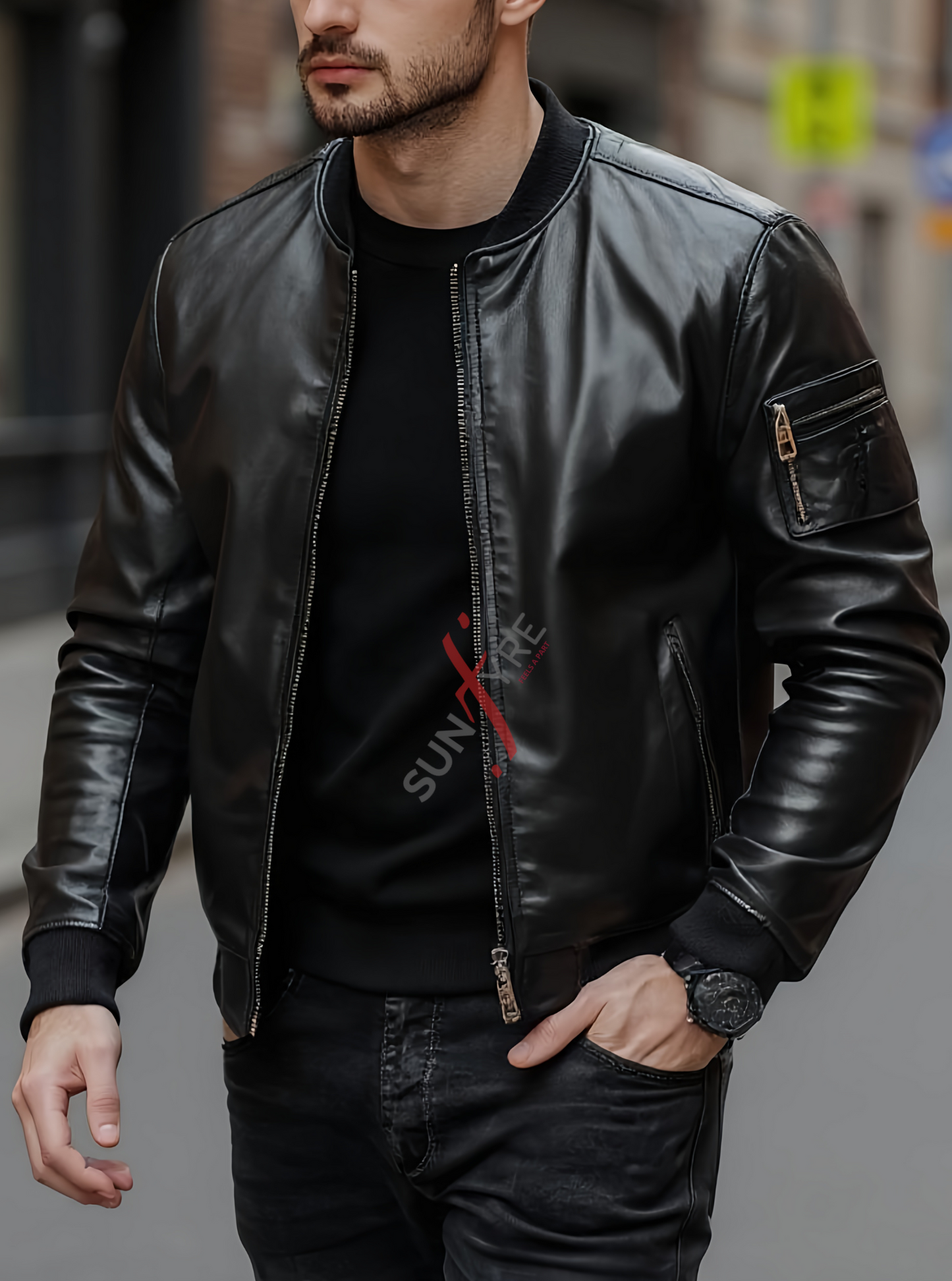 Black Bomber Leather Jacket For Men Lambskin (SF104)