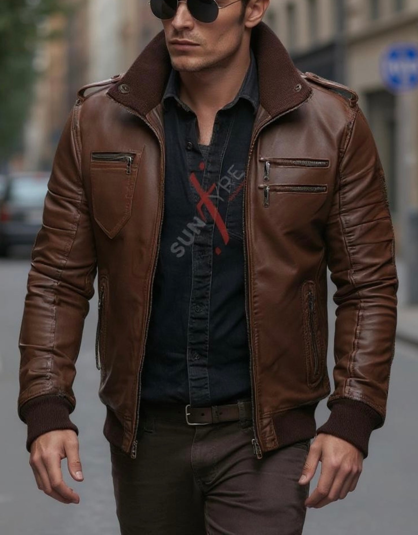 Chestnut Brown Bomber Leather Jacket For Men (SF524)