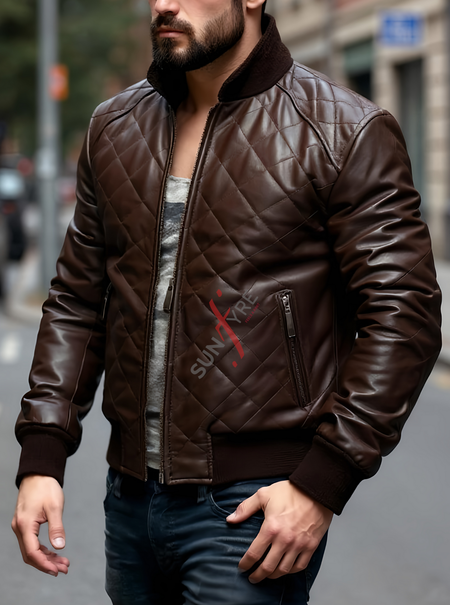 Quilted Brown Classic Bomber Leather Jacket For Men Real in Sheepskin (SF609)