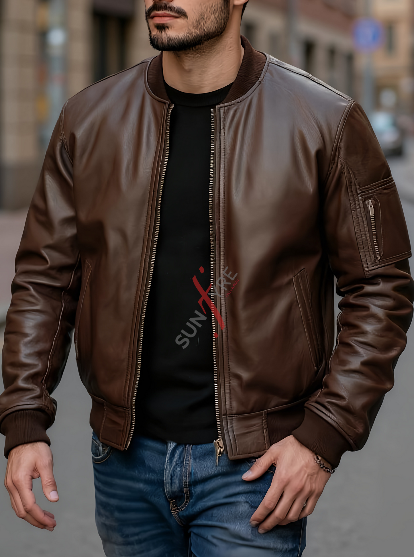 Original Dark Brown Bomber Leather Jacket For Men (SF698)