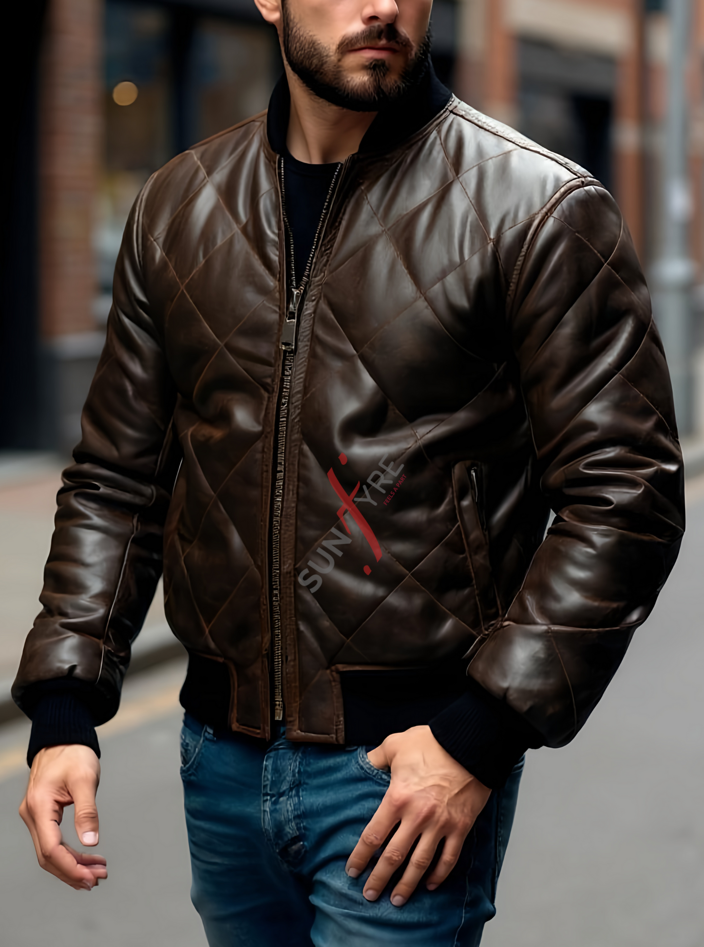 Quilted Dark Brown Bomber Leather Jacket For Men(SF617)