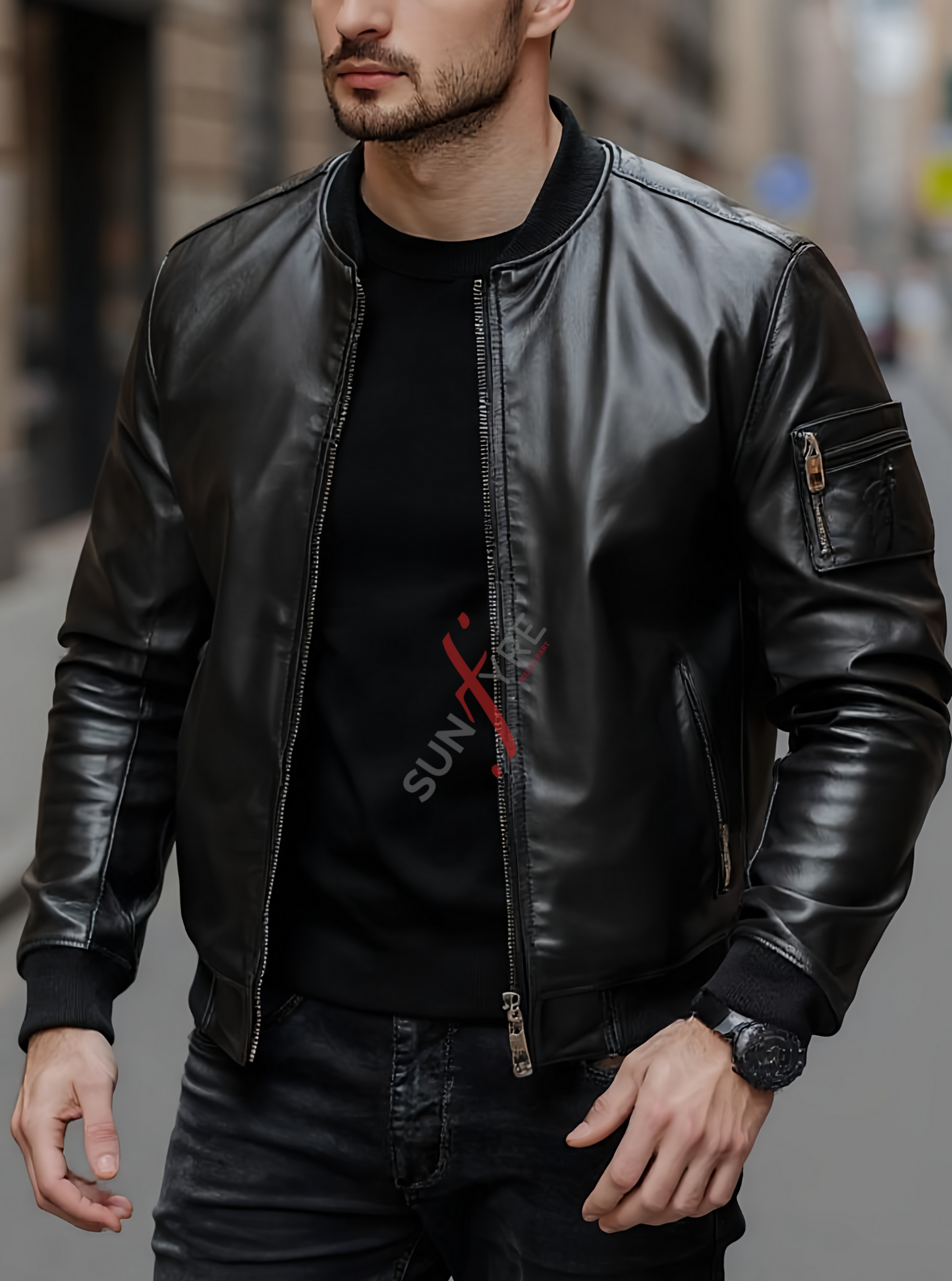 Black Bomber Leather Jacket For Men Lambskin (SF104)