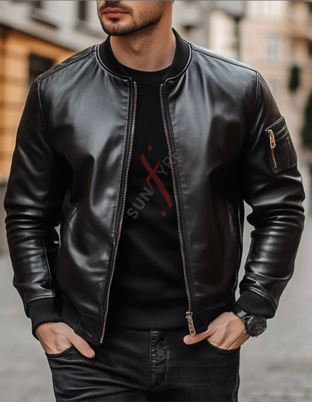 Black Bomber Leather Jacket For Men Lambskin