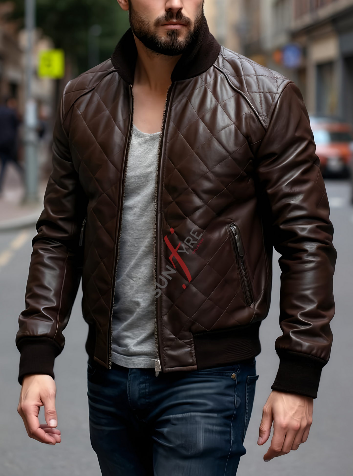 Quilted Brown Classic Bomber Leather Jacket For Men Real in Sheepskin (SF609)
