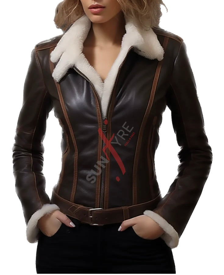 Walnut brown leather jacket for women