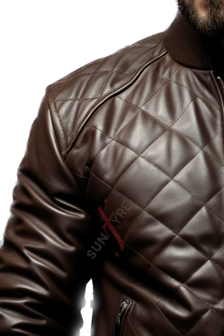 Quilted Brown Classic Bomber Leather Jacket For Men