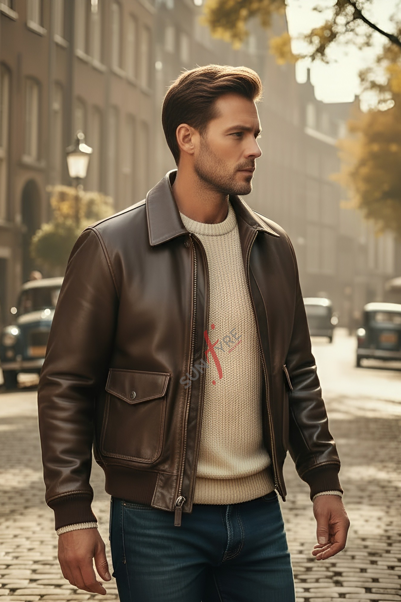 Man wearing a brown leather jacket and white sweater with red text on a city street.