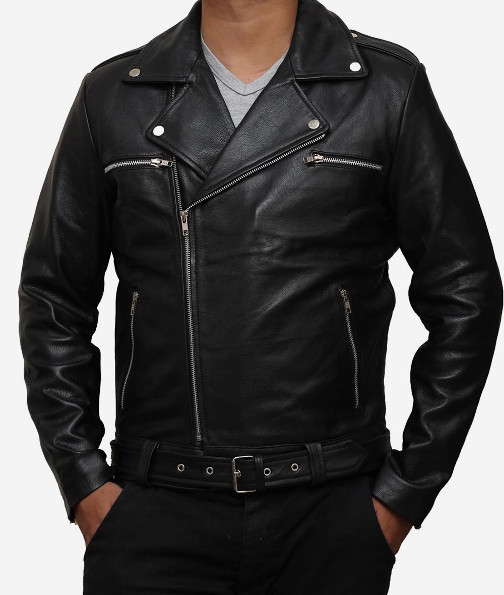 Black Asymmetrical Belted Motorcycle Leather Jacket For Men