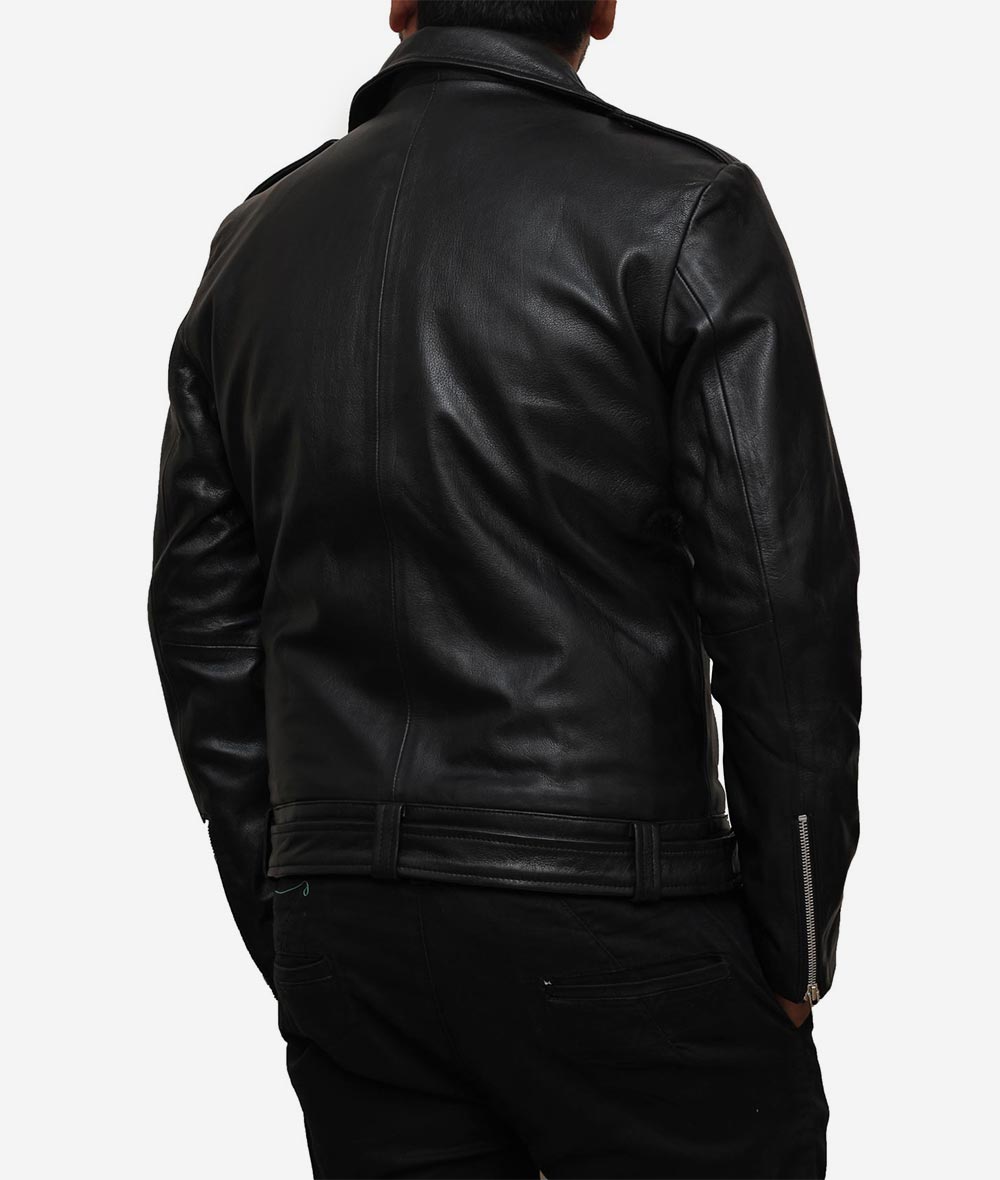 Black Asymmetrical Belted Motorcycle Leather Jacket For Men (SF129)