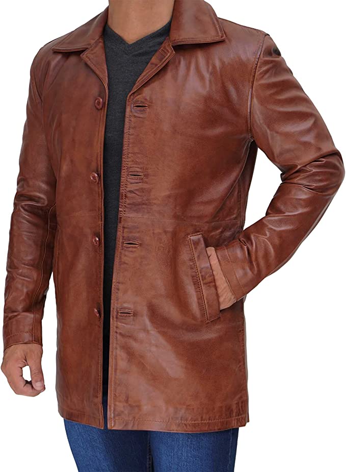 Tan Leather Car Coat For Men