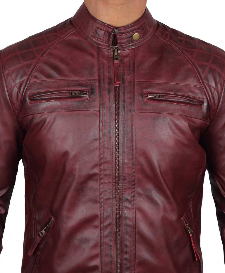 Real Lambskin Distressed Cafe Racer Burgundy Leather Biker Jacket