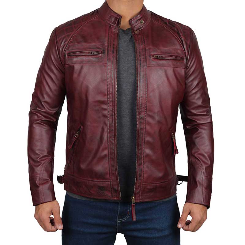 Distressed Cafe Racer Burgundy Leather Biker Jacket For Men