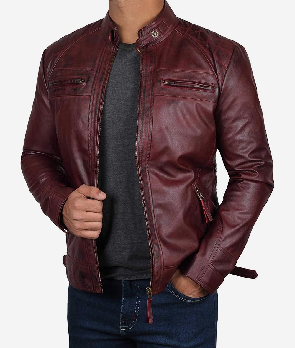 Cafe Racer Burgundy Leather Biker Jacket For Men