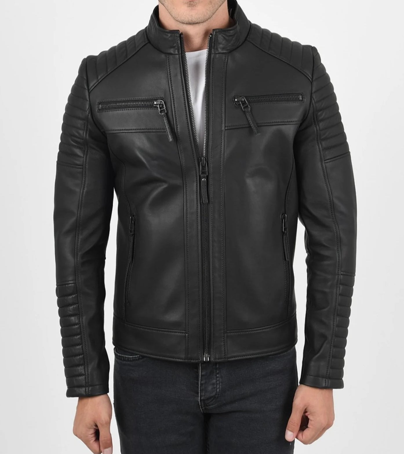 Black Quilted Leather Jacket For Men