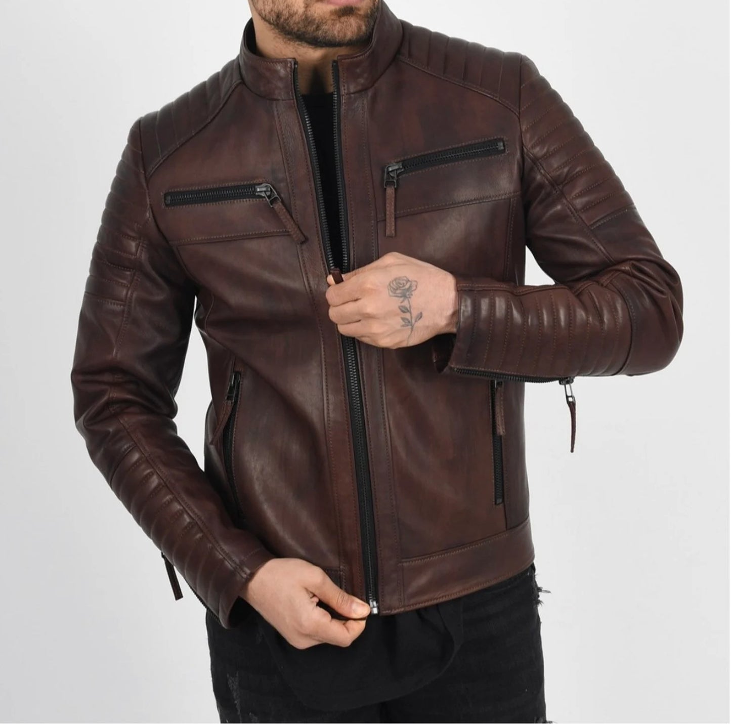 Brown Quilted Leather Jacket For Men