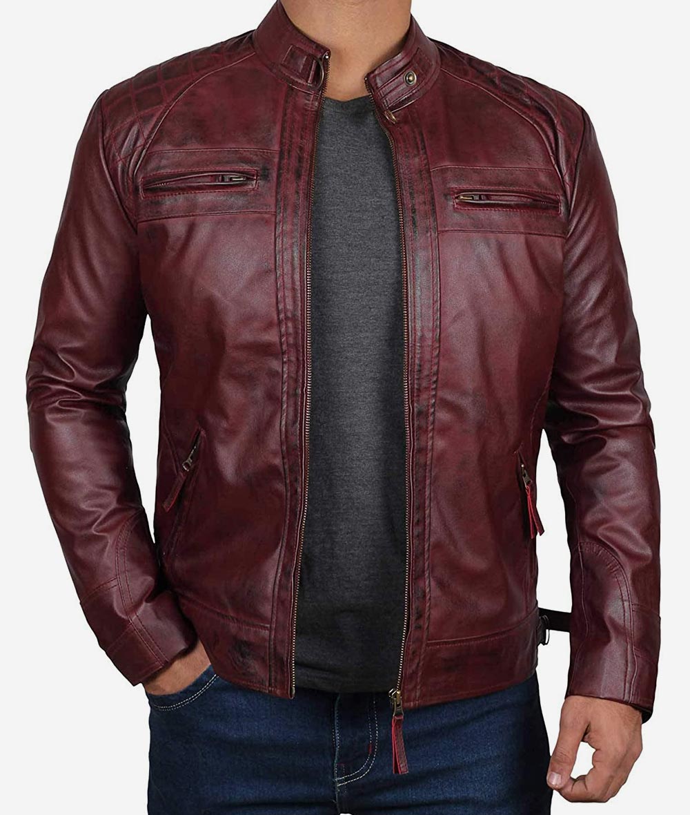 Real Lambskin Distressed Cafe Racer Burgundy Leather Biker Jacket For Men