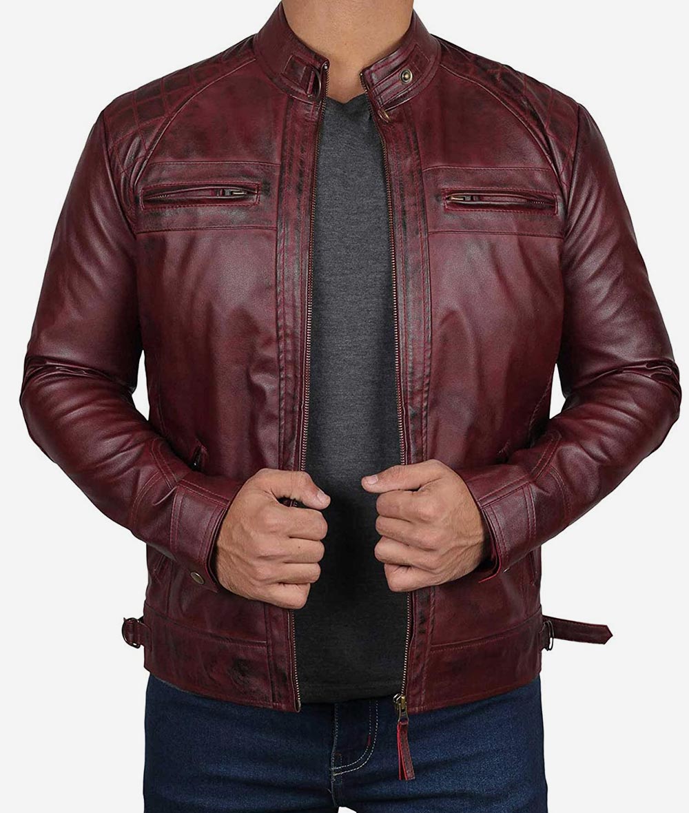 Burgundy Leather Biker Jacket For Men