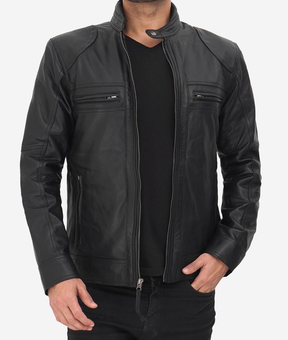 Black Cafe Racer Leather Jacket For Men