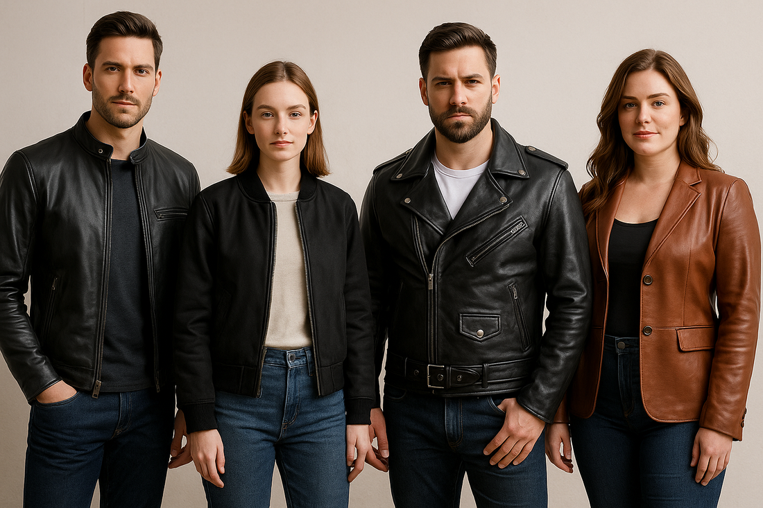 Four different leather jacket styles for various body types