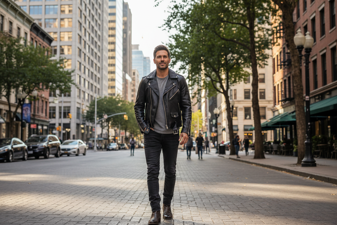 Man standing on street with motorcycle biker jacket