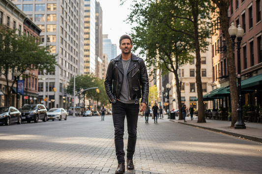 Man standing on street with motorcycle biker jacket