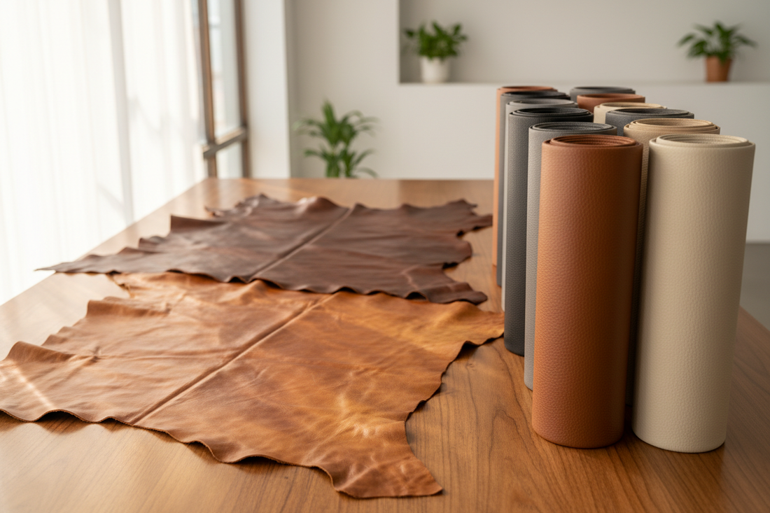 real leather hides and faux leather rolls on the table