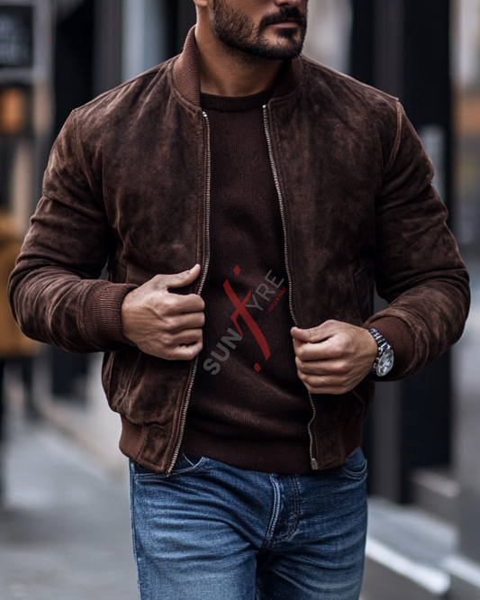 Dark Brown Bomber Nubak Leather Jacket For Men (SF538)