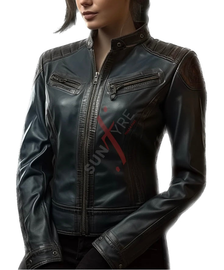 Navy blue women’s leather jacket 