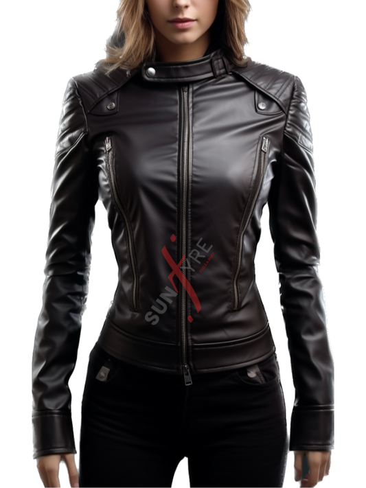 Real Sheepskin Biker Black Leather Jacket for Women