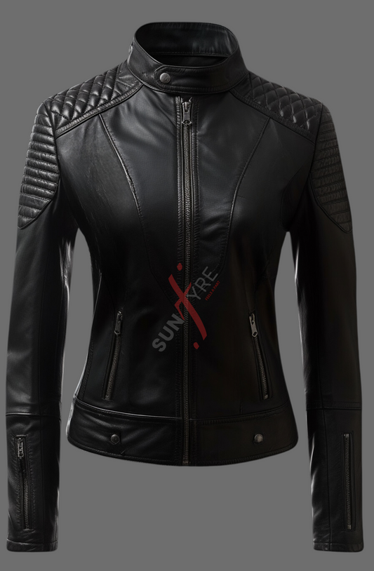 Quilted Dark Black Leather Jacket For Women Real Sheepskin (SF382)