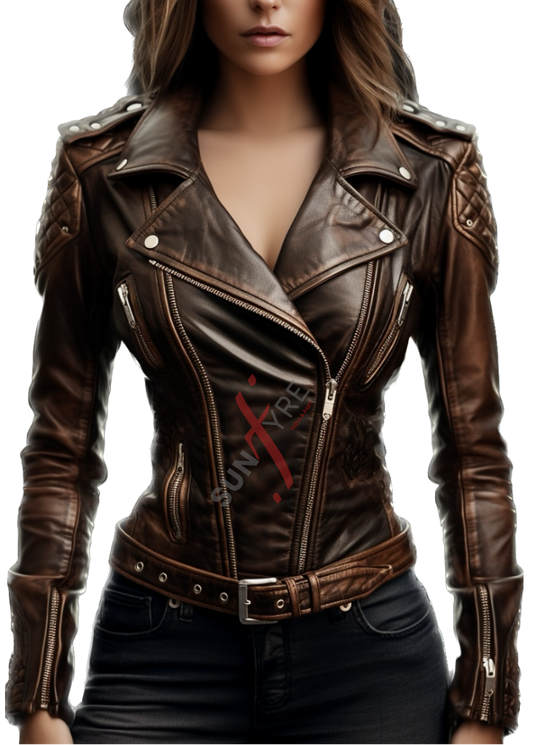 Brown Distressed Asymmetrical Sheepskin Leather Jacket For Women