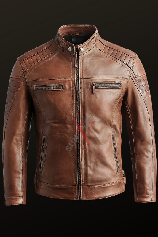 Original Sheepskin Cafe Racer Slim Fit Tan Biker Leather Jacket For Men