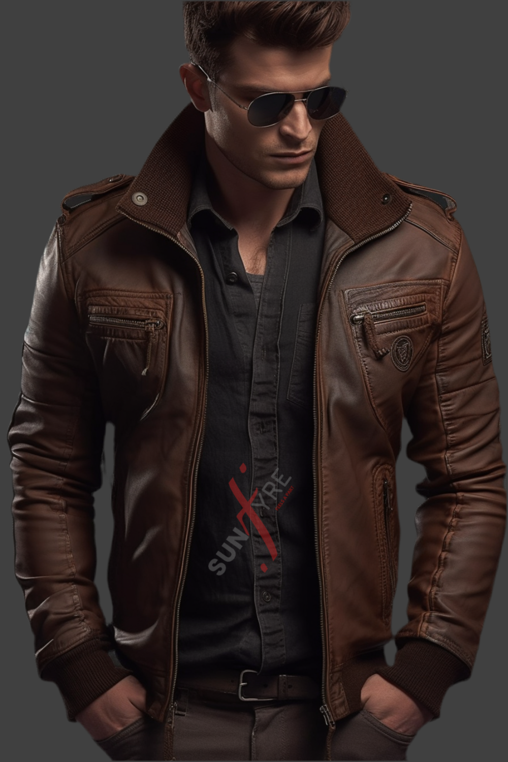 Original Sheepskin Chestnut Brown Bomber Leather Jacket For Men