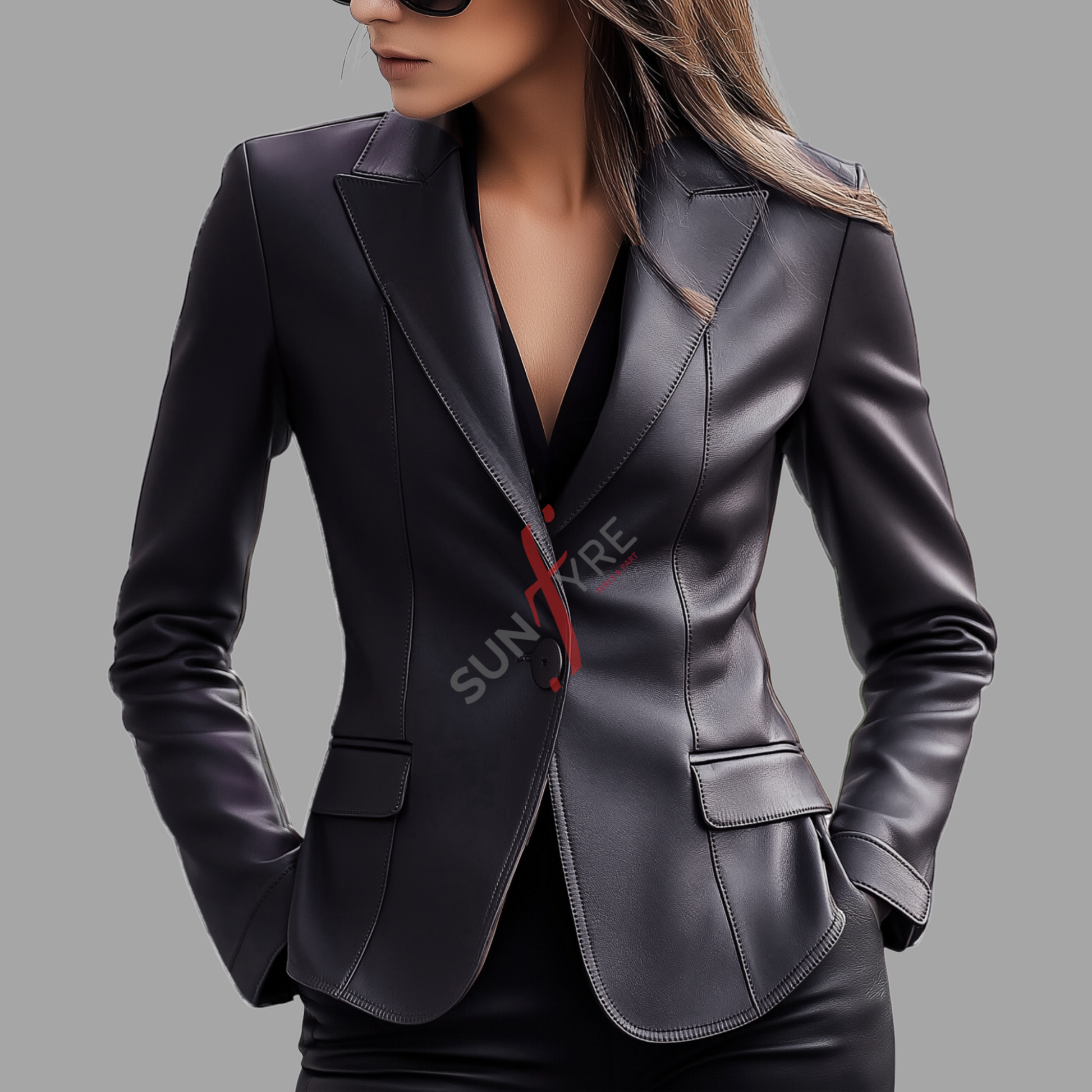 Black Leather Blazer Coat For Women (SF134)