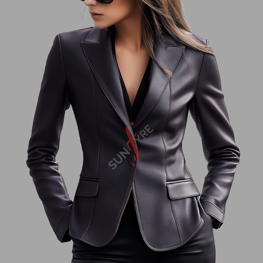 Black Leather Blazer Coat For Women (SF134)