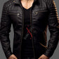 Original Sheepskin Black Snuffed Motorcycle Leather Jacket For Men