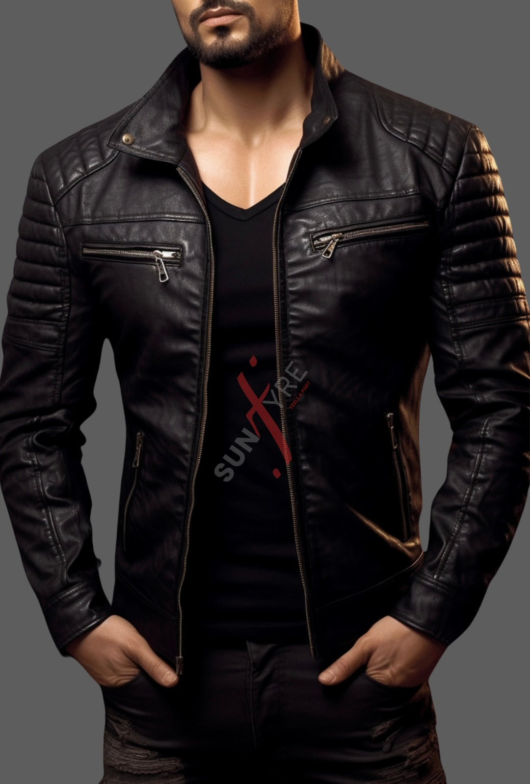 Original Sheepskin Black Snuffed Motorcycle Leather Jacket For Men
