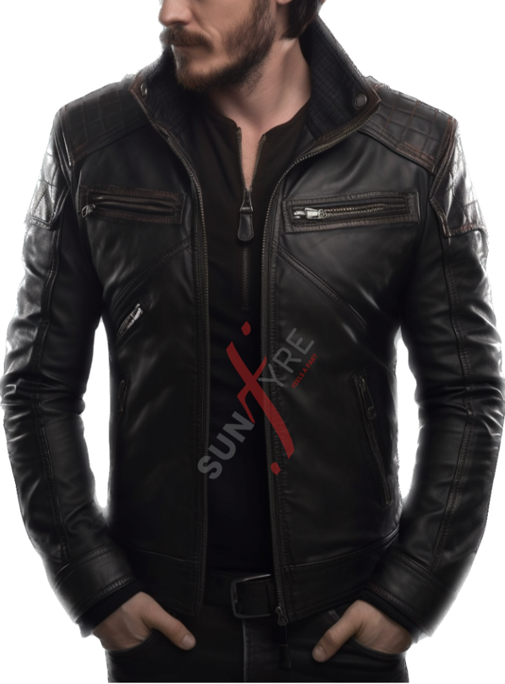 Real Sheepskin Black Cafe Racer Leather Jacket For Men