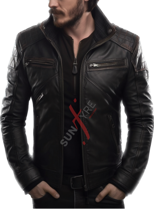 Real Sheepskin Black Cafe Racer Leather Jacket For Men